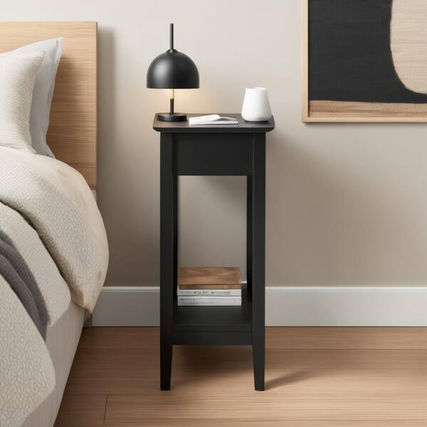 HOMESTOCK Black Narrow End Table with Storage, Flip Top Narrow Side