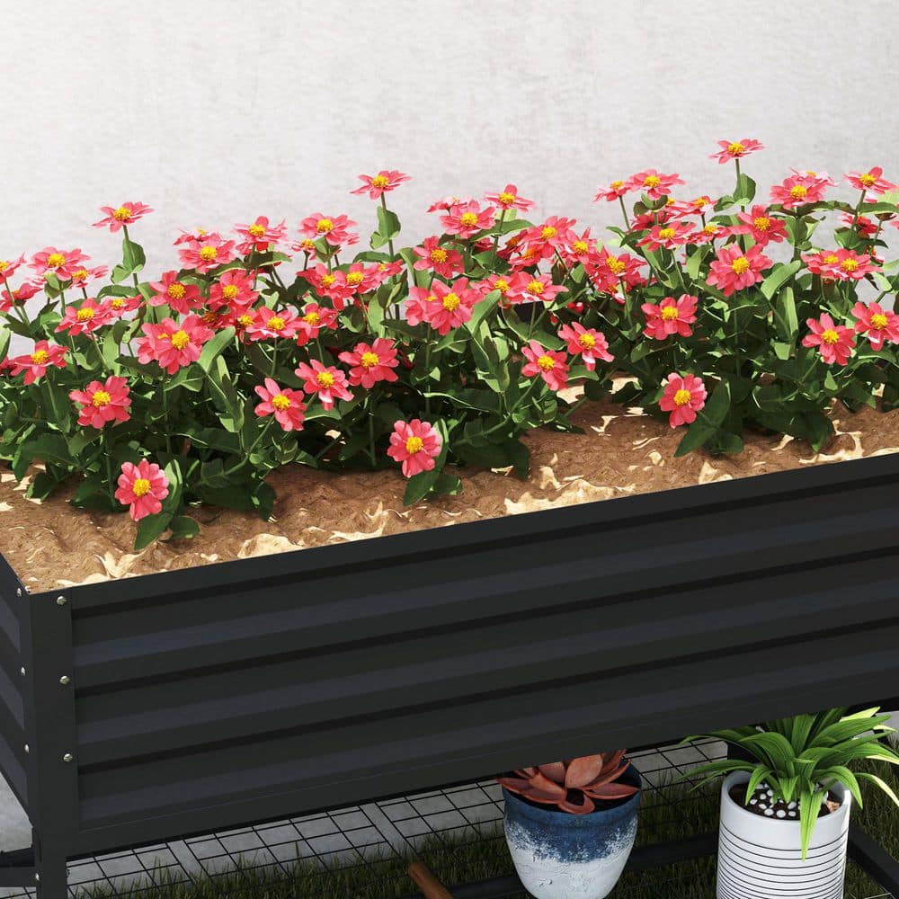 Gray Galvanized Metal Raised Garden Bed with Storage Shelf