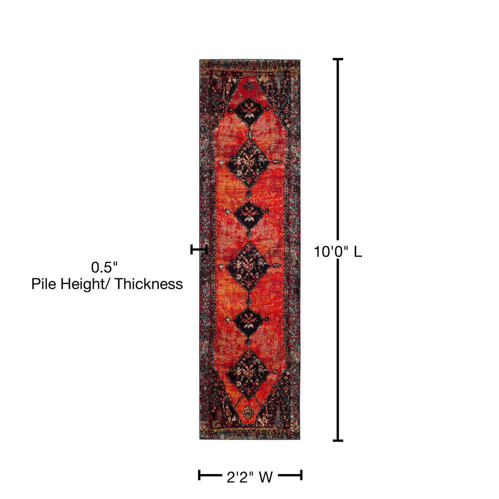 Vintage Hamadan Red and Black Floral Synthetic Runner Rug