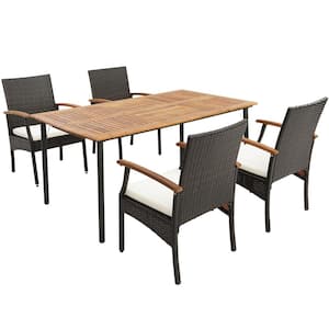 5-Pieces Wicker Outdoor Dining Set Acacia Wood Armchairs Table with Umbrella Hole and White Cushion