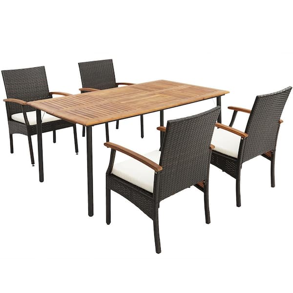 Costway 5-Pieces Wicker Outdoor Dining Set Acacia Wood Armchairs Table with Umbrella Hole and White Cushion