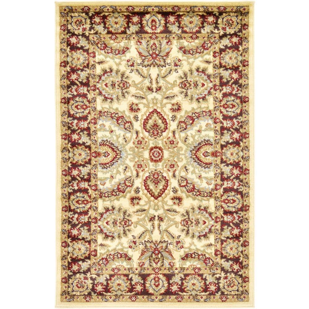 Ivory Floral Rectangular Synthetic Easy Care Area Rug