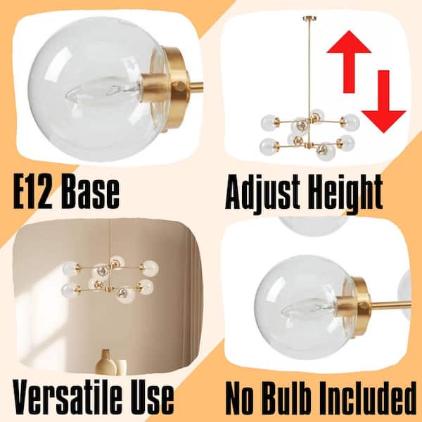 Modern 8-Light Gold Finish Globe Glass Round Chandelier for Dining Room with Type B Bulbs (No Bulbs Included)