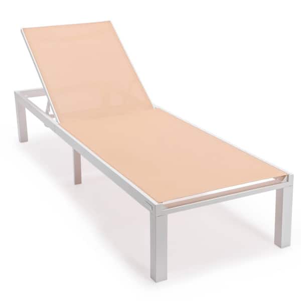 Leisuremod Marlin Modern White Aluminum Outdoor Patio Chaise Lounge Chair with Square Fire Pit Table (Light Brown)