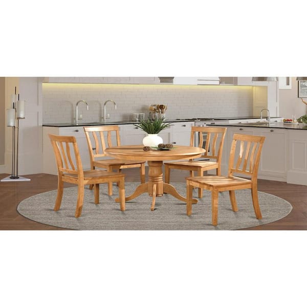 East West Furniture 5-Piece Round Natural Oak Finish Solid Wood Top Dining table with 4 Chairs with Lattice Back