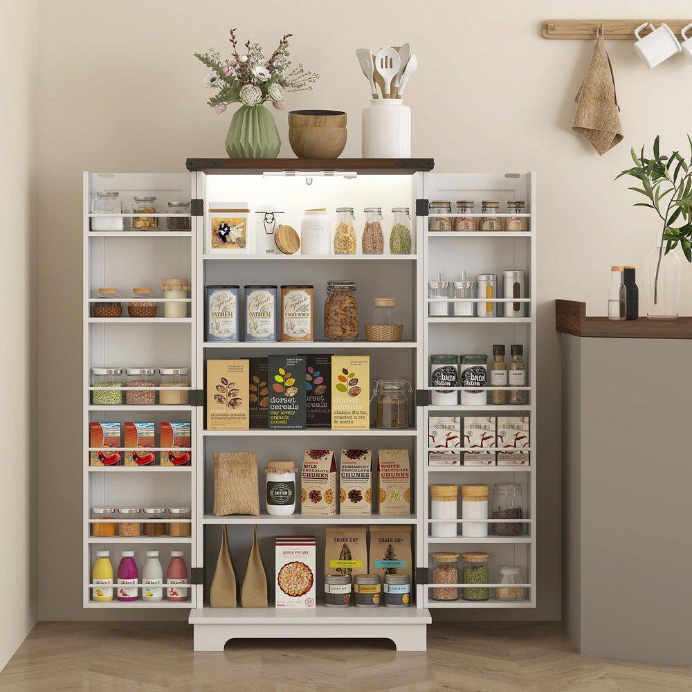 White Farmhouse Kitchen Pantry Cabinet with LED Light and Adjustable Shelves