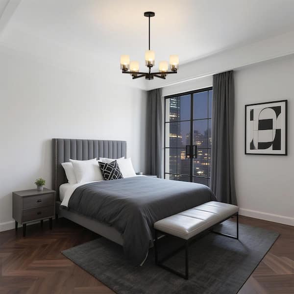 The Modern 5-Light Black Chandelier with Frosted Grass Shaped Accents for Kitchen And Dining Room