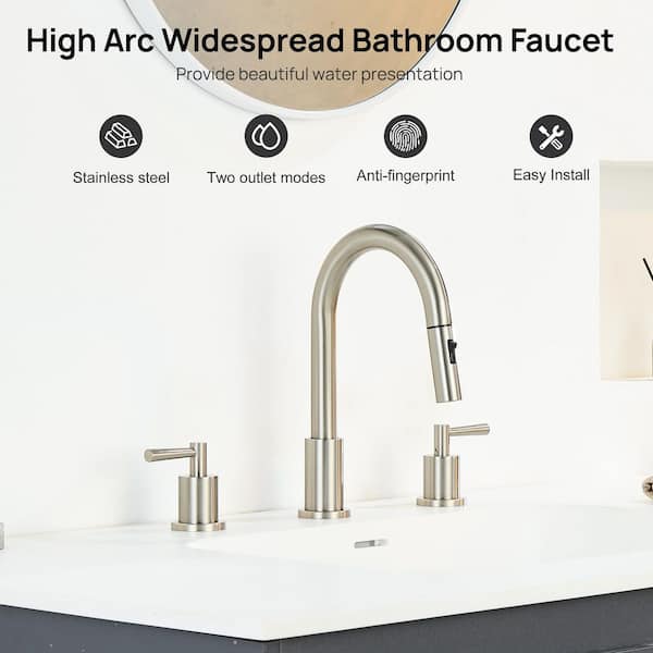 8 in. Widespread Double Handles Pull Down Bathroom Sink Faucet with Dual Mode Spout and Pop Up Drain in Brushed Nickel