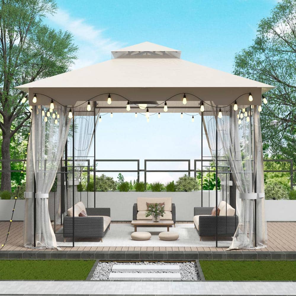 10 ft. x 10 ft. Beige Soft top Metal Gazebo with Mosquito Net and Curtains 
