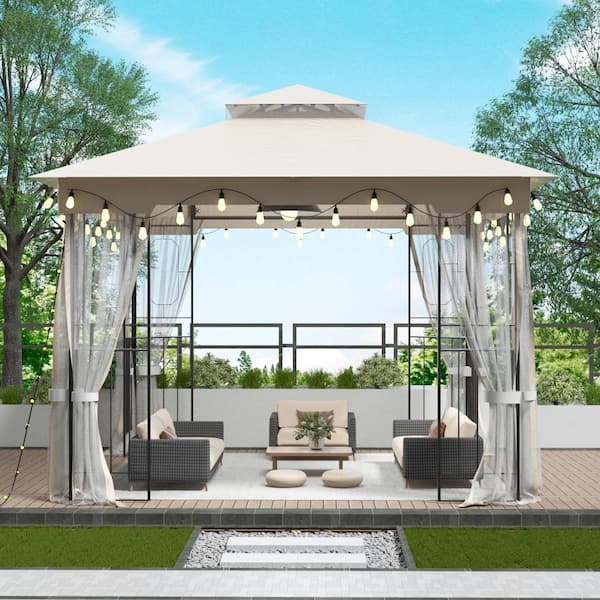 Unbranded 10 ft. x 10 ft. Beige Soft top Metal Gazebo with Mosquito Net and Curtains Double Roof Canopy for Gardens Patio Backyard