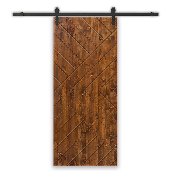 CALHOME Chevron Arrow 34 in. x 96 in. Fully Assembled Solid Core Walnut Stained Wood Modern Sliding Barn Door with Hardware Kit