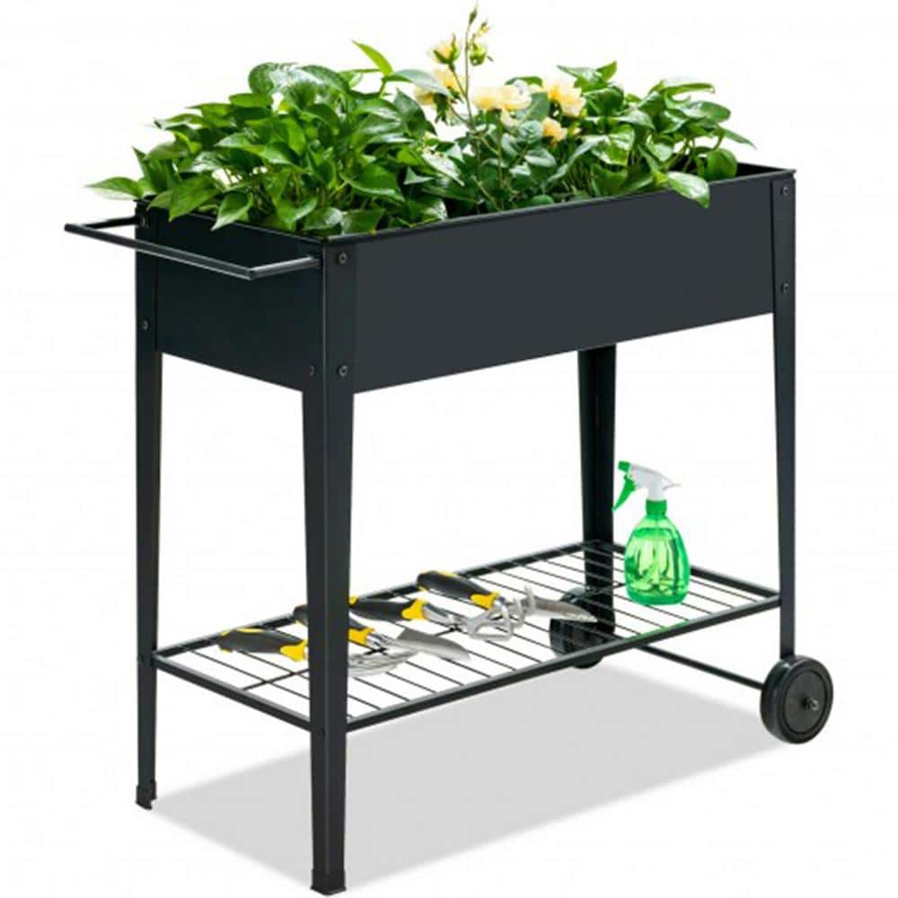Black Iron Raised Garden Bed with Wheels and Shelf