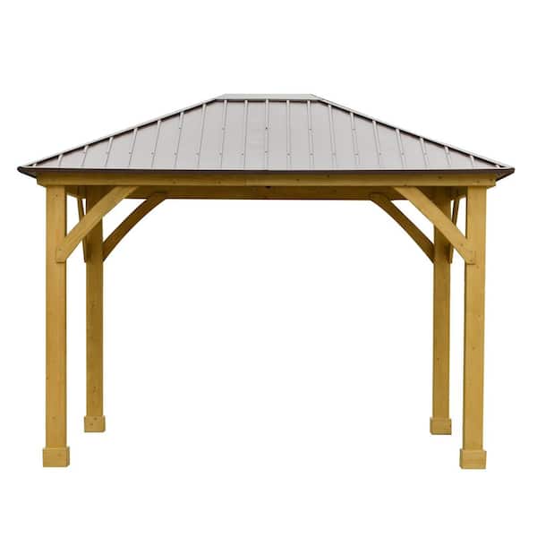 Outsunny 12 ft. x 10 ft. Brown Hardtop Gazebo Canopy Patio Shelter Outdoor with Solid Wood Frame, Steel Slanted Roof, Brown