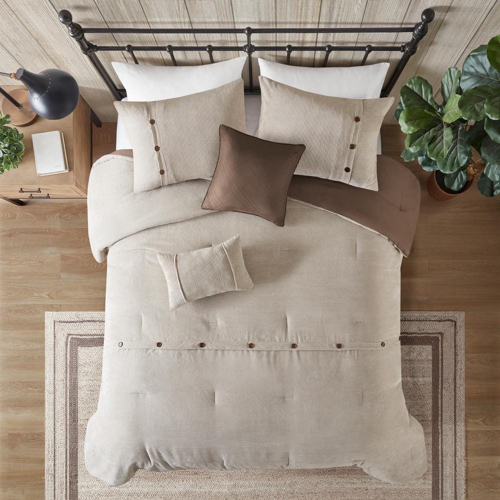 Tan Full Corduroy Comforter Set with Decorative Pillows