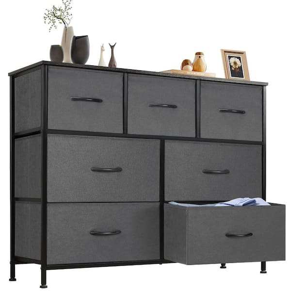FIRNEWST Miguel Grey 39.3 in. W 7-Drawer Dresser with Fabric Bins and Steel Frame Storage Organizer Chest of Drawers