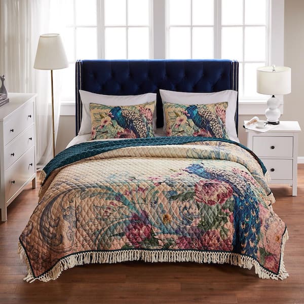 Eden Peacock 3-Piece Ecru Polyester King / Cal King Quilt Set