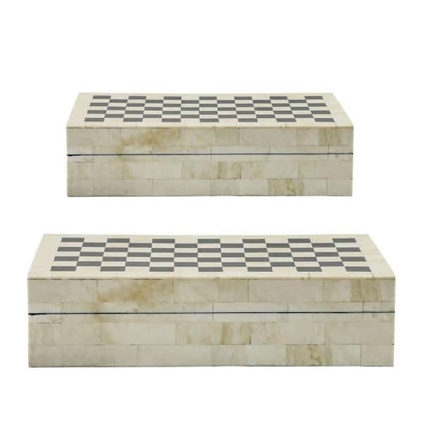 Benjara Black and White Checkered Top Resin Storage Box (Set of 2)
