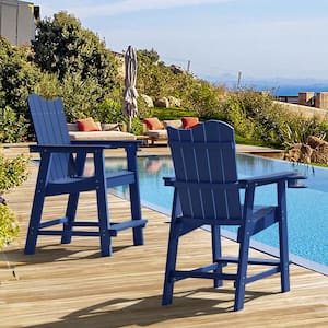 Navy Blue Plastic Adirondack Outdoor Bar Stool with Cup Holder Weather Resistant Wave Design Bar Chair(2-Pack)