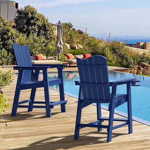 Navy Blue Plastic Adirondack Outdoor Bar Stool with Cup Holder