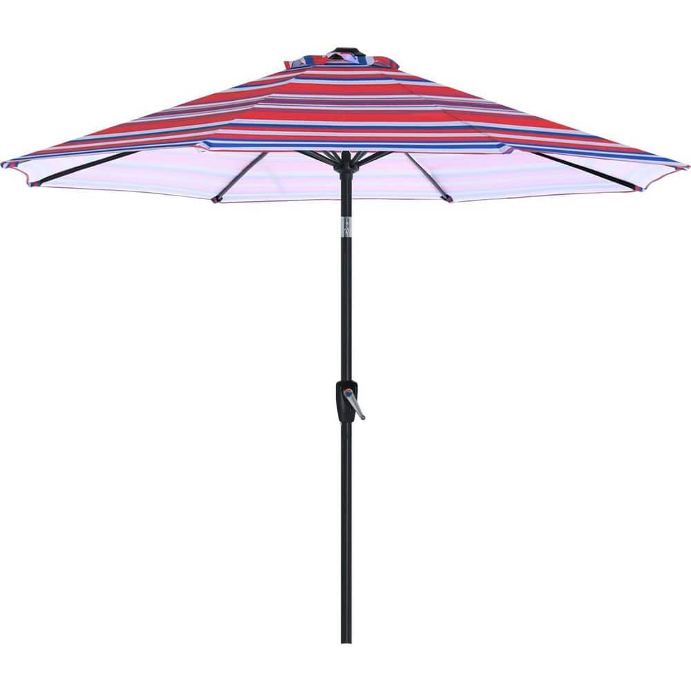 9 ft. Aluminum Market Tilt Patio Umbrella in Dark Blue Red Stripes with Pus