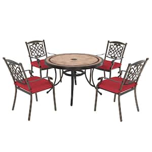 5-Piece Cast Aluminum Outdoor Dining Set with Round Tile Dining Table and Flower-Shaped Back Chairs with Red Cushions