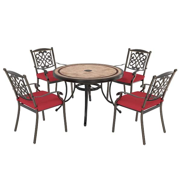 Clihome 5-Piece Cast Aluminum Outdoor Dining Set with Round Tile Dining Table and Flower-Shaped Back Chairs with Red Cushions