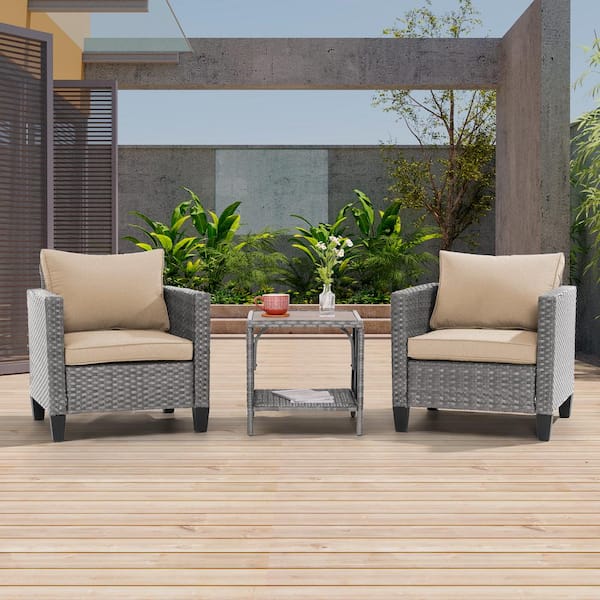 JOYESERY 3-Piece Gray Wicker Patio Bistro Set Outdoor Single Sofa Set with Side Table for Outdoor Lawn, Linen Flax Beige Cushions