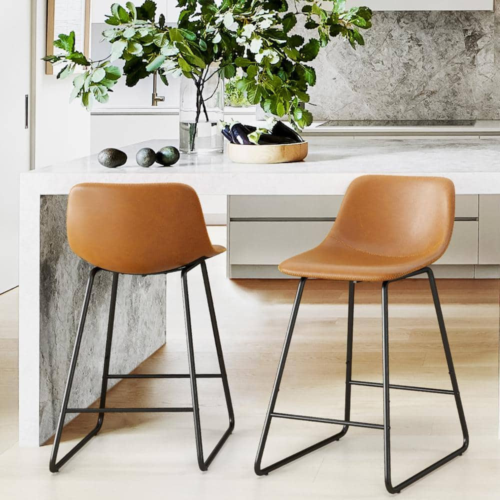 33 in. Whiskey Brown Low Back 24 in H Faux Leather Bar Stools Metal Frame Counter Height Bar Stools (Set of 2) -  LUE BONA, 23BS0022-400WF