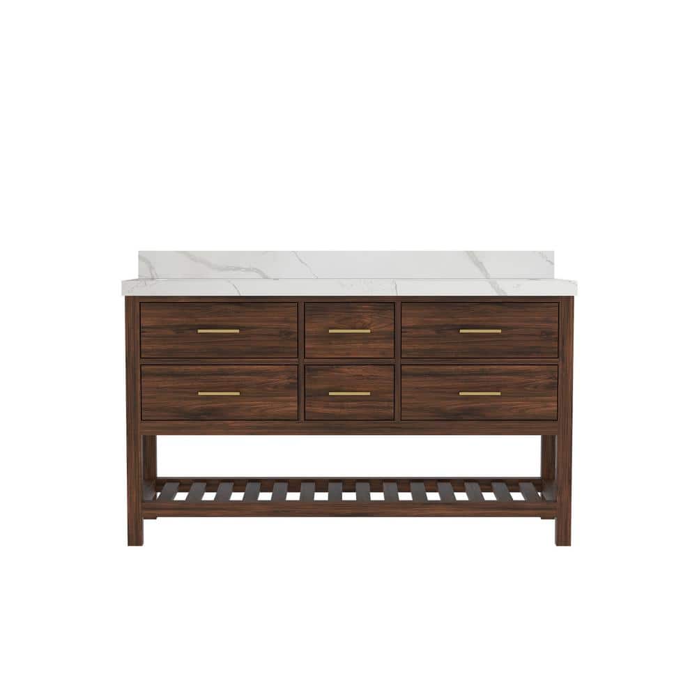 Parket Teak 60 in. W x 22 in. D x 36 in. H Double Sink Bath Vanity in Dark Walnut with Calacatta Laza Quartz Top price history on PriceWatchPro