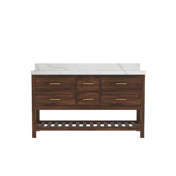 Willow Collections Parket Teak 60 in. W x 22 in. D x 36 in. H Double Sink Bath Vanity in Dark Walnut with Calacatta Laza Quartz Top