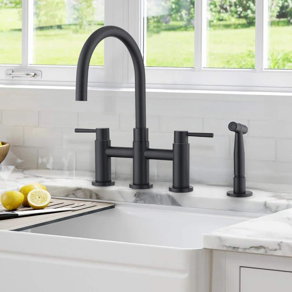 Modern Simple Double Handle Bridge Kitchen Faucet with Side Spray, Stainles