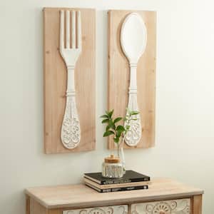 Wood Brown Carved Utensils Wall Decor (Set of 2)