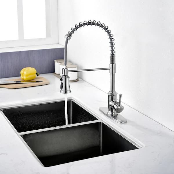 Chrome Kitchen Faucets With Sprayer, Commercial Kitchen Faucet With Soap Dispenser, Stainless Steel, High Pressure RV Kitchen Sink Faucet With Deck