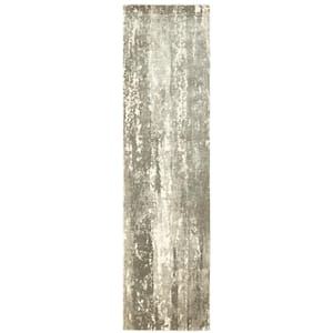 Formosa Ivory/Gray 2 ft. x 10 ft. Abstract Distressed Modern Hand-Loomed Viscose Indoor Runner Area Rug