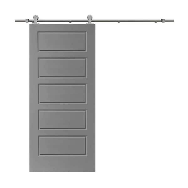 CALHOME 30 in. x 80 in. Light Gray Stained Composite MDF 5 Panel Interior Sliding Barn Door with Hardware Kit