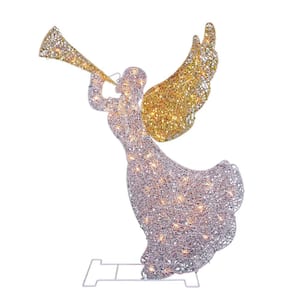 46 in. Christmas Lighted Glitter Sequin 3D Angel with Trumpet Outdoor Decoration and Clear Lights