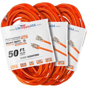 50 ft. 10 Gauge/3 Conductors SJTW Indoor/Outdoor Extension Cord with Lighted End Orange (3-Pack)