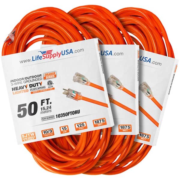 LifeSupplyUSA 50 ft. 10 Gauge/3 Conductors SJTW Indoor/Outdoor Extension Cord with Lighted End Orange (3-Pack)