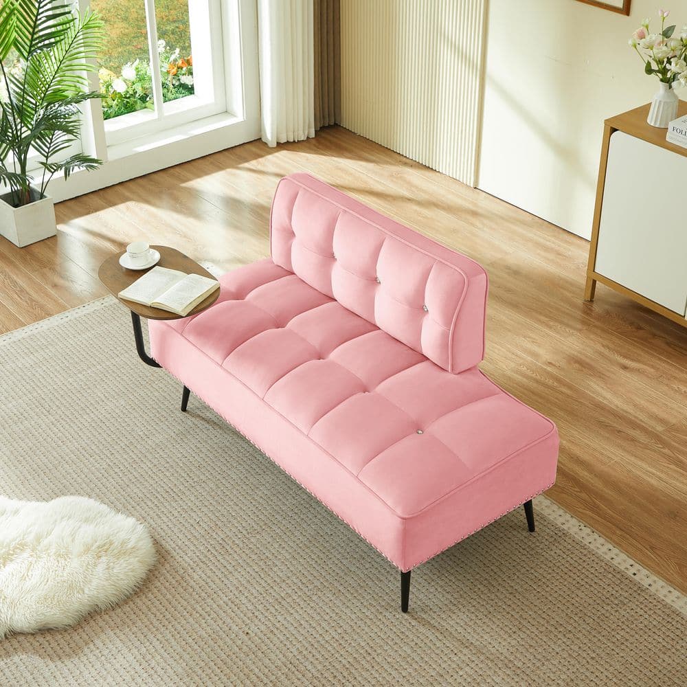 Udele Modern 54 in. Armless Velvet Upholstered Rectangle Sofa in Pink with 360° Swivel Side Table