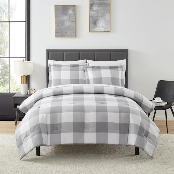 Sweet Home Collection Herringbone 7-Piece Gray Weave Buffalo Check Microfiber Queen Bed in a Bag with Sheets