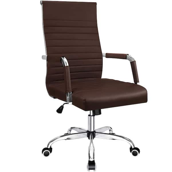 LACOO Brown Ribbed Office Mid-Back PU Leather Executive Task Chair with ...