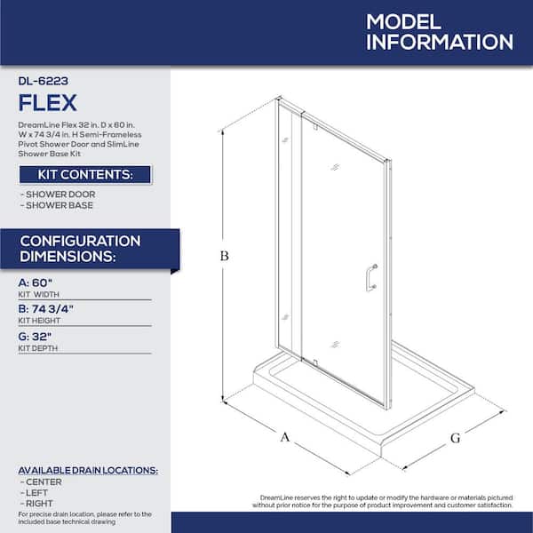 Flex 60 in. x 72 in. Semi-Frameless Pivot Shower Door in Brushed Nickel Finish with 60 in. x 32 in. Base in White