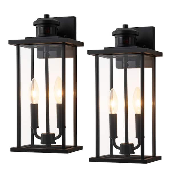 15.25 in. Matte Black Motion Sensing Dusk to Dawn Outdoor Hardwired Wall Lantern Sconce with No Bulbs Included (2-Pack)