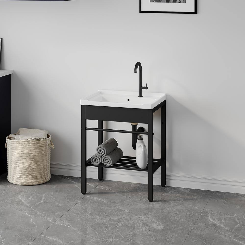 24" White Ceramic Freestanding Laundry Sink with Black Metal Frame