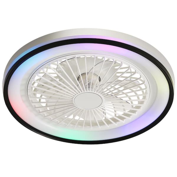 19 in. RGB Dimmable Led Enclosed Ceiling Fan with Light Flush Mount Bladeless 6 Speed Remote Control, White