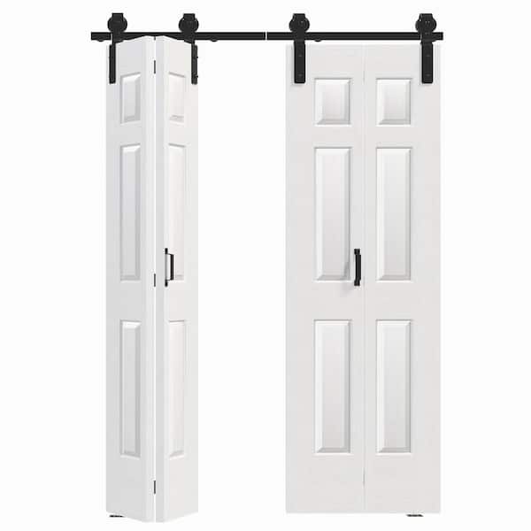 60 in. x 84 in. (30 in. W x 2) Bi-Fold 6-Panel White MDF Pre-Drilled Double Sliding Barn Door with Hardware Kit Set.