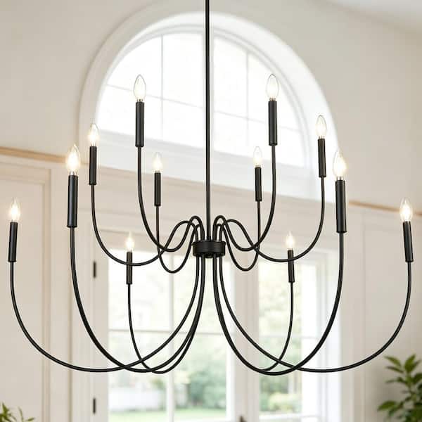 47.2 in. 12-Light Matte Black Large Island Candlestick Chandelier 2-Tier Hanging Light for Living Room Dining Room Foyer