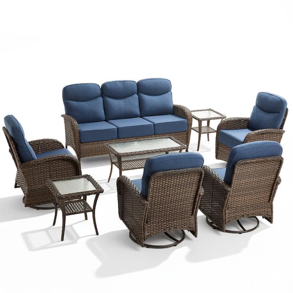 High Crescent 8-Piece Brown Wicker Patio Conversation Set with Blue Cushions and Table