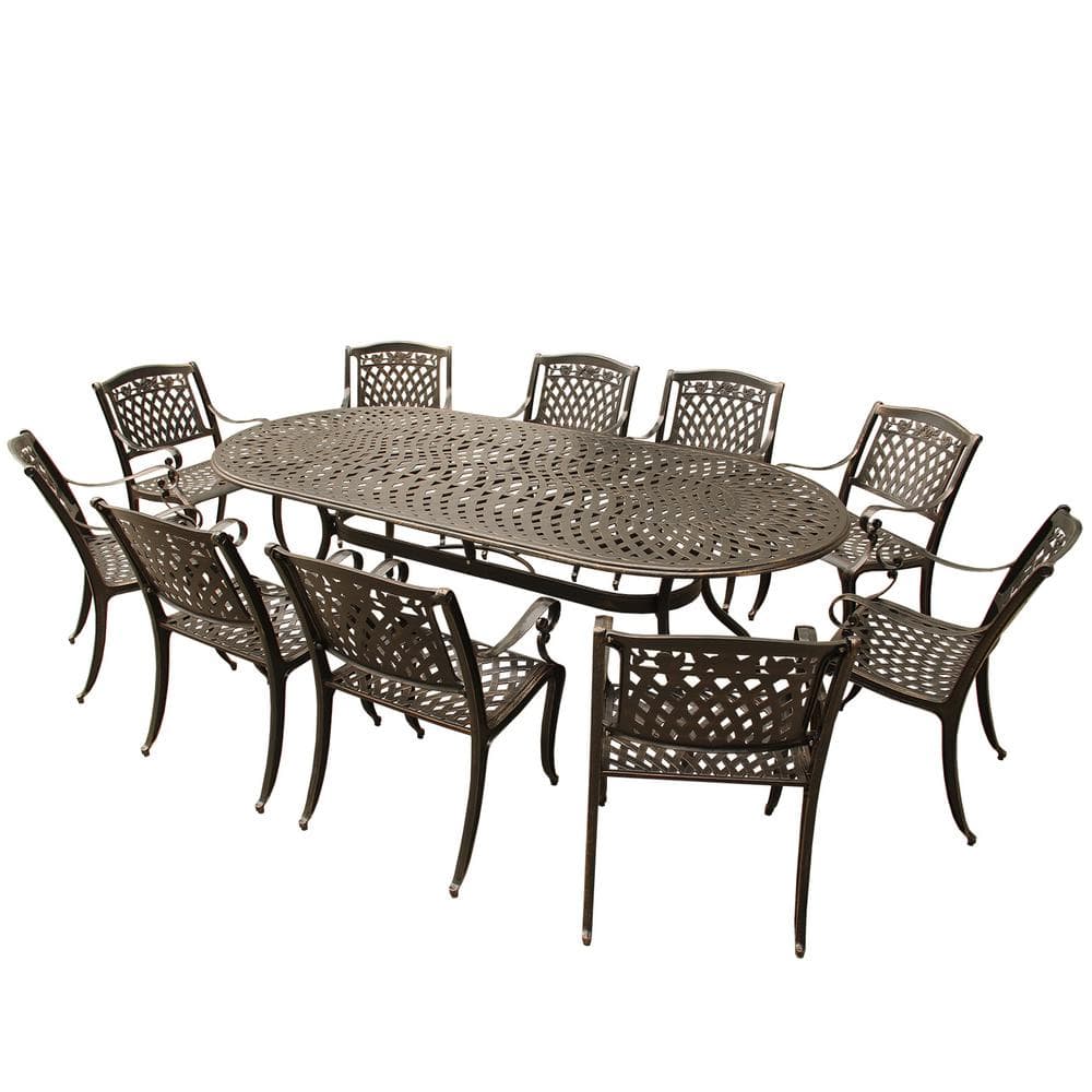 Ornate Modern Rose 11-Piece Bronze Aluminum Oval Outdoor Dining Set with 10