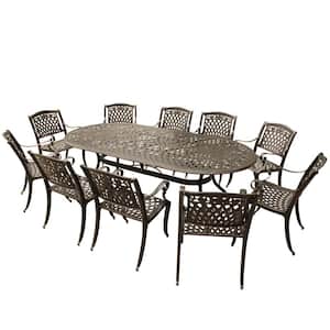 Ornate Modern Rose 11-Piece Bronze Aluminum Oval Outdoor Dining Set with 10-Chairs